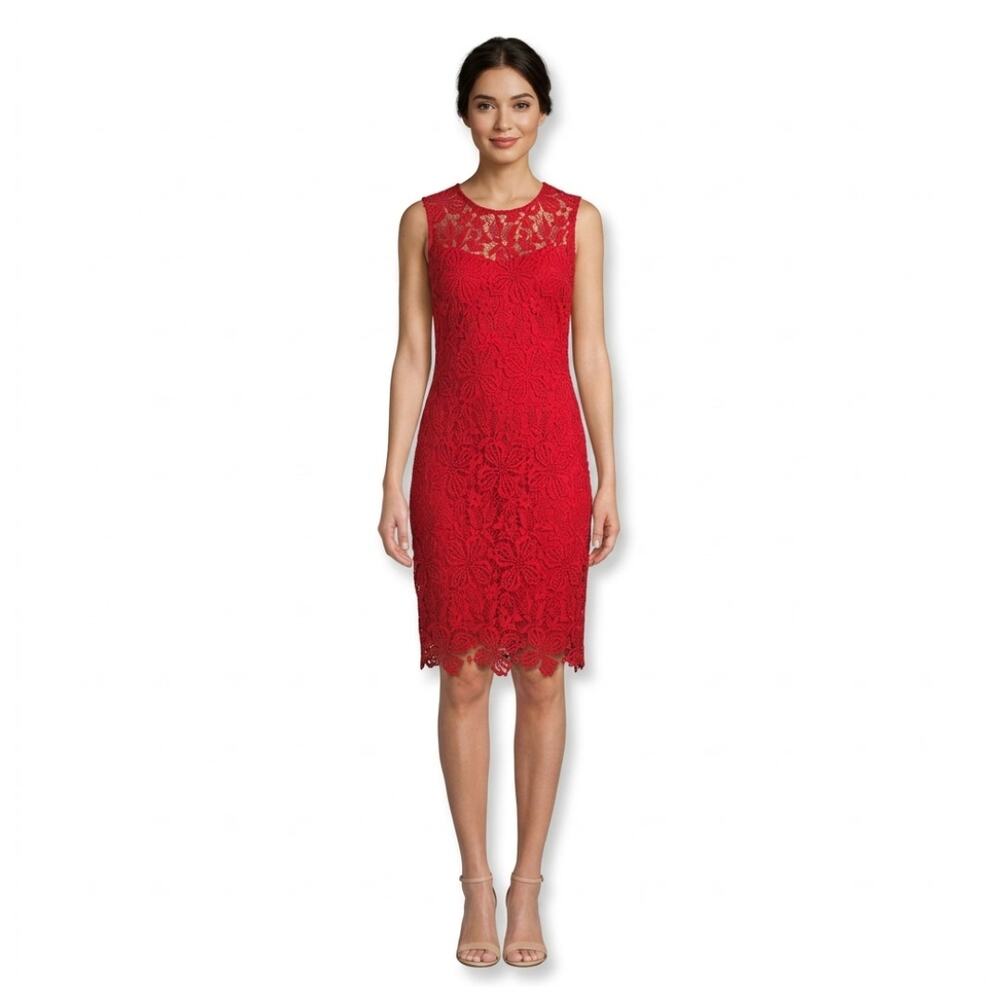 Calvin Klein Fire Red Floral Lace Sheath Dress 8 Feminine Lacy Romantic Cocktail
